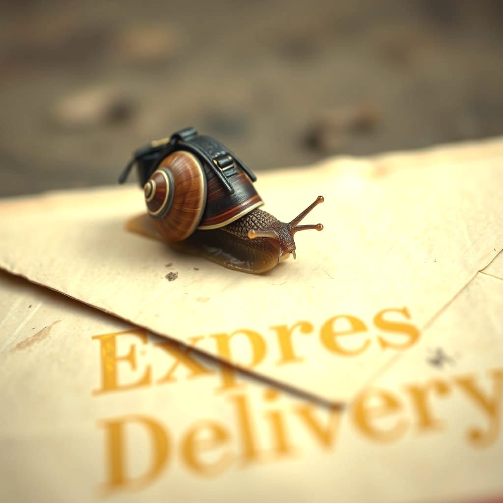 Snail on Express Delivery Envelope: Cinematic Still
