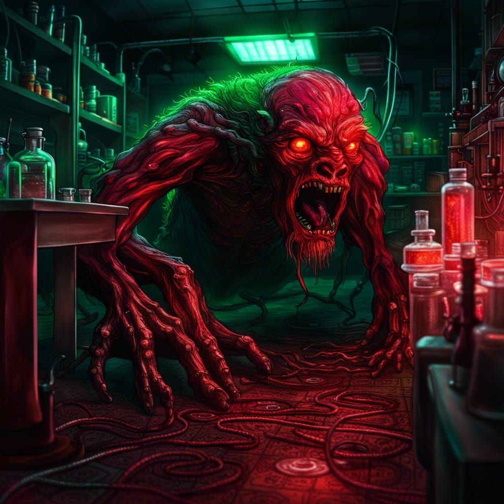 Red Creature Escapes Horror Lab in Hyperrealism