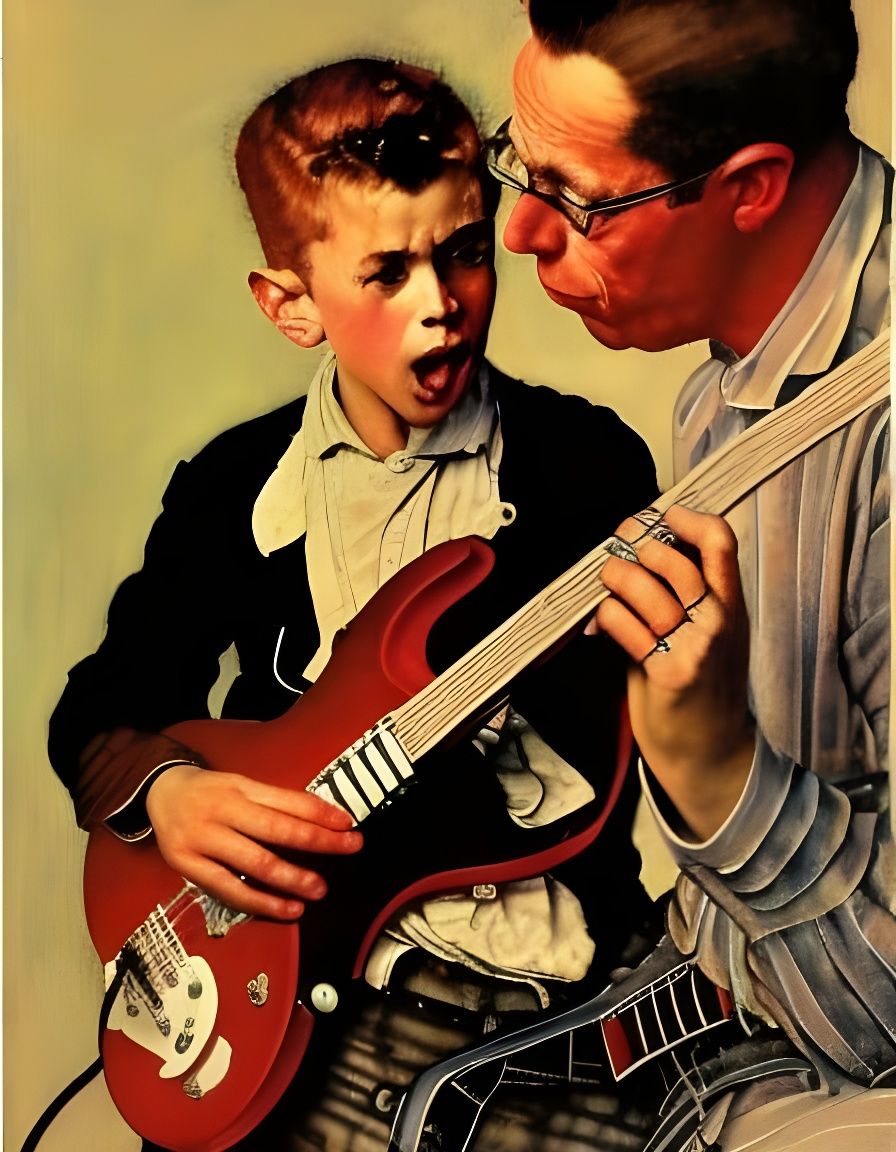 Musician Teaches Boy Guitar in Rockwell Style