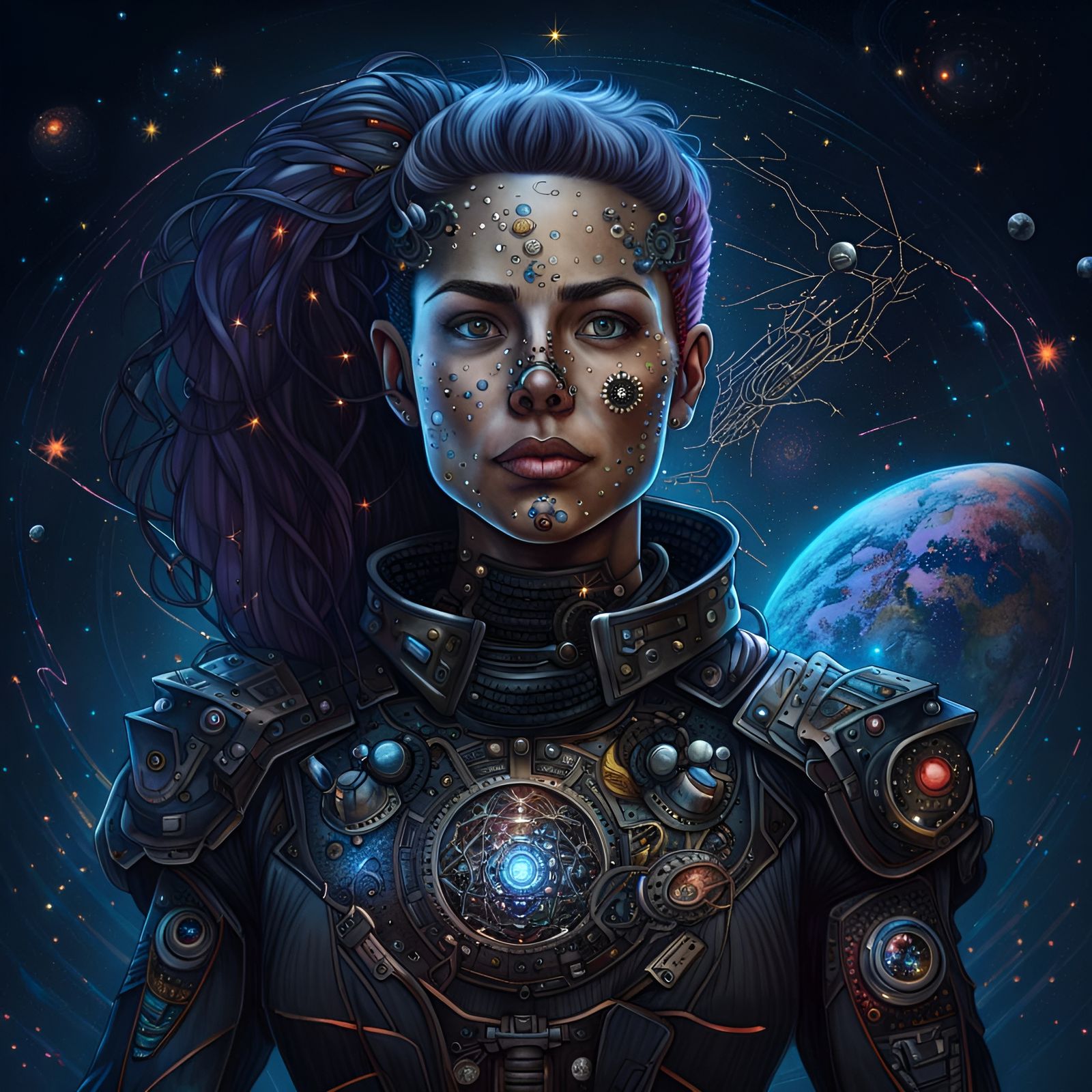 Cyberpunk Pirate Captain in Galactic Starscape