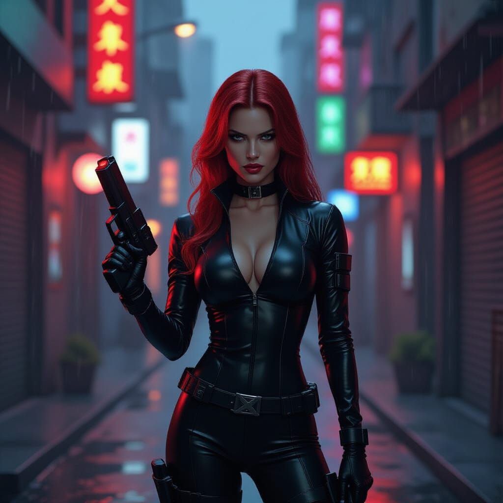 Cyberpunk Woman with Plasma Pistol in Noir Alley
