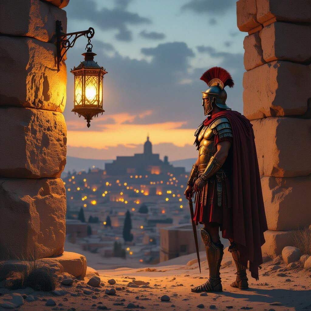 Stoic Roman Centurion Guarding Stone Gate at Dusk