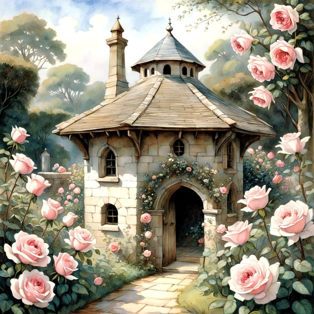 Doves Amidst Pink Roses in a Serene Garden Oasis