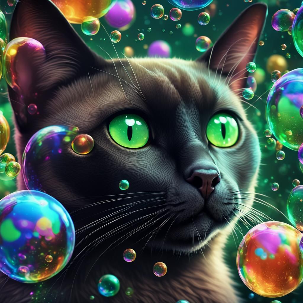Siamese Cat Surrounded by Bubbles: Matte Painting