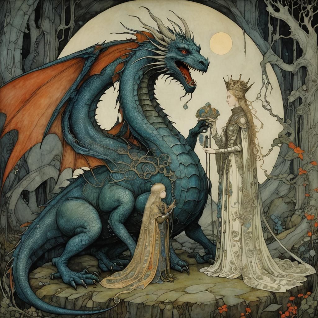 Dragon and Princess in Fairy Tale Illustration Style