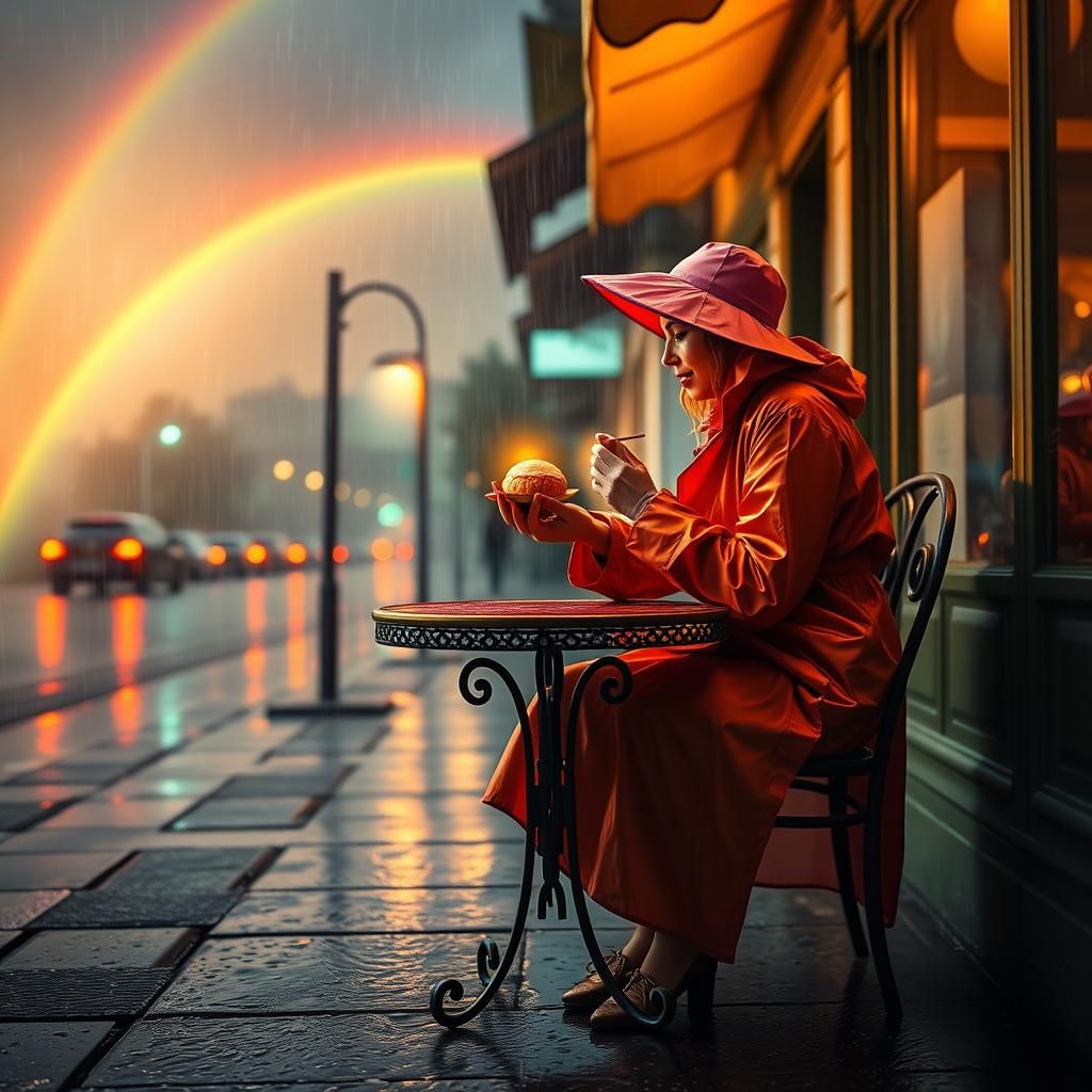 Lucky Lady Savoring Luck in Stormy Cafe: Hyperrealistic