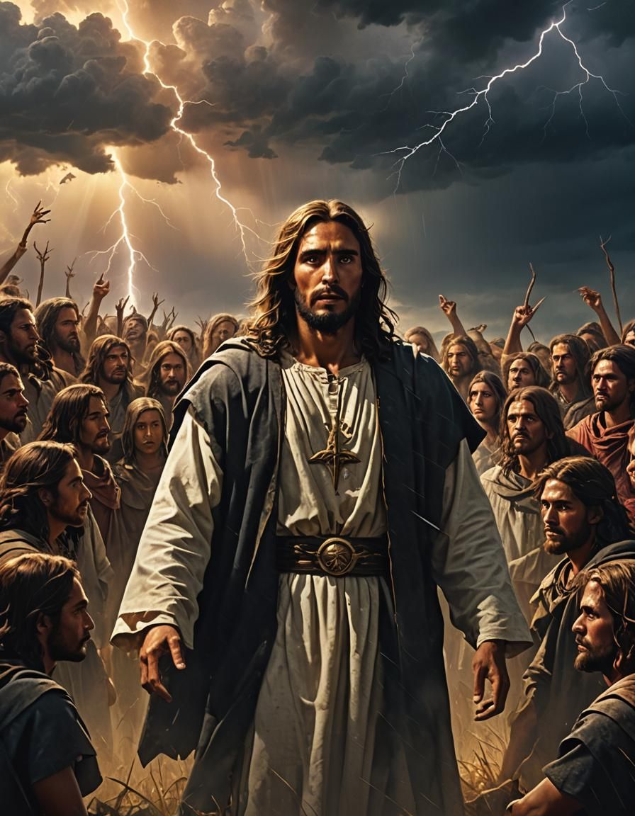 Jesus Christ Points to People in Stormy Field