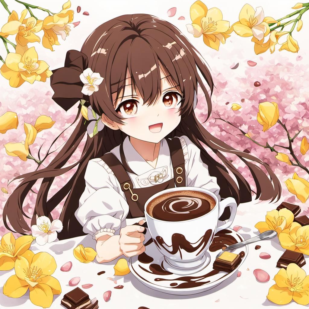 Chocolate Espresso with Freesia Petals in Anime Style