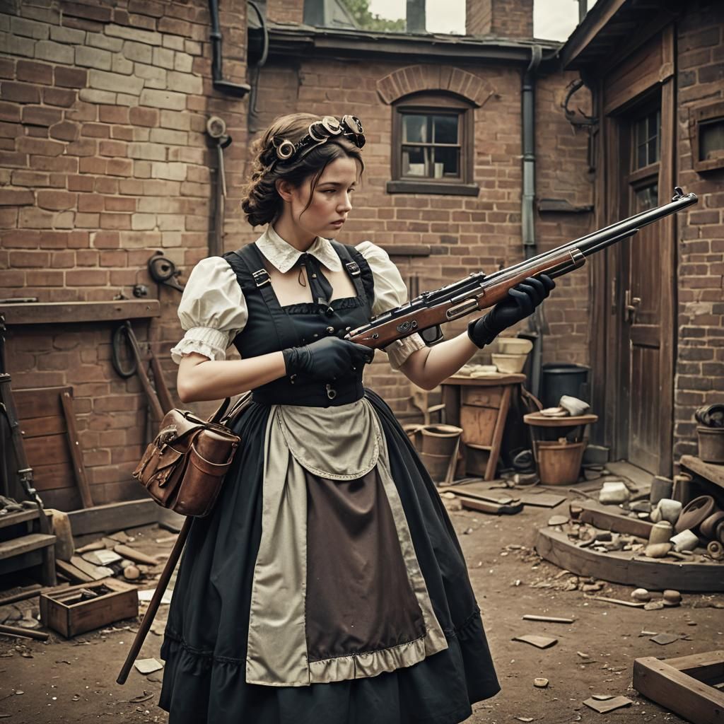 Steampunk Maid Cleans Rifle: Cinematic Film Still