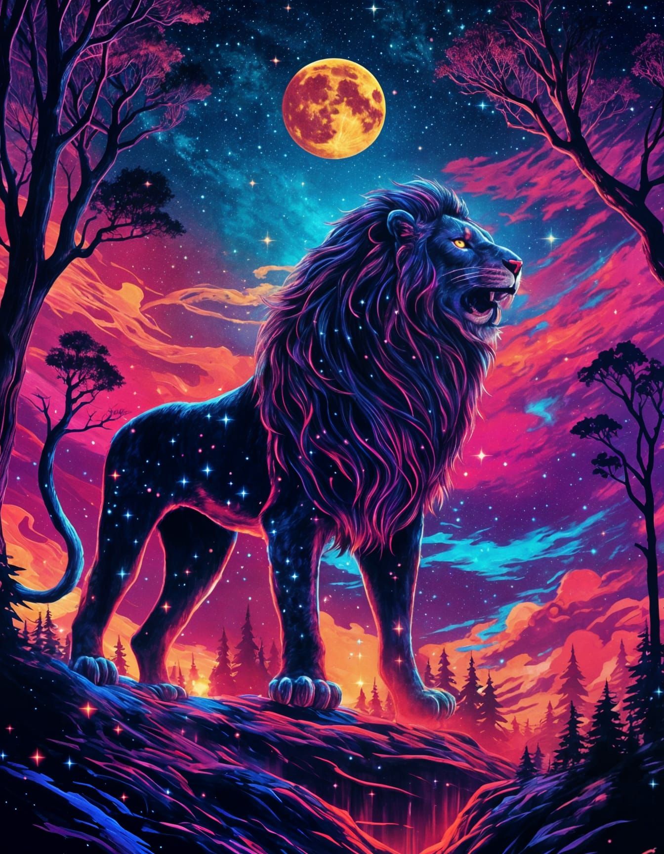 Cosmic Lion Roaring in Cyberpunk Style