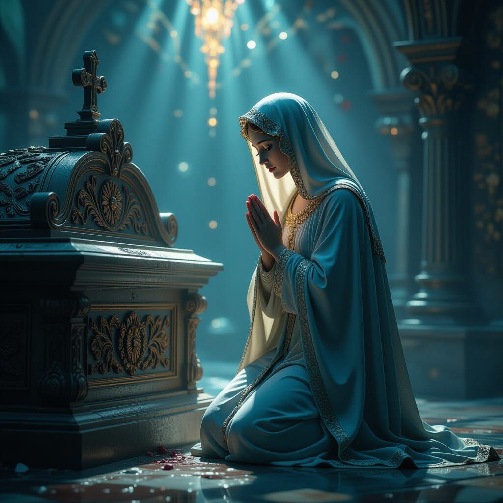 Mother Mary's Sorrowful Vigil at Ornate Tomb