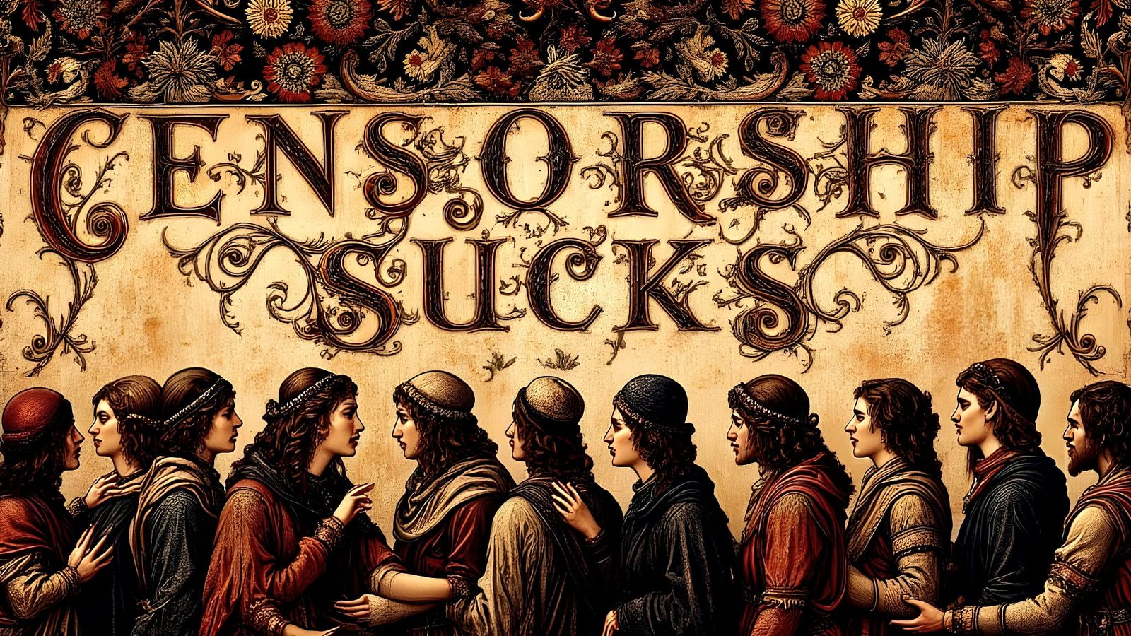 Silent Crowds Protest Censorship in Ancient Tapestry Style