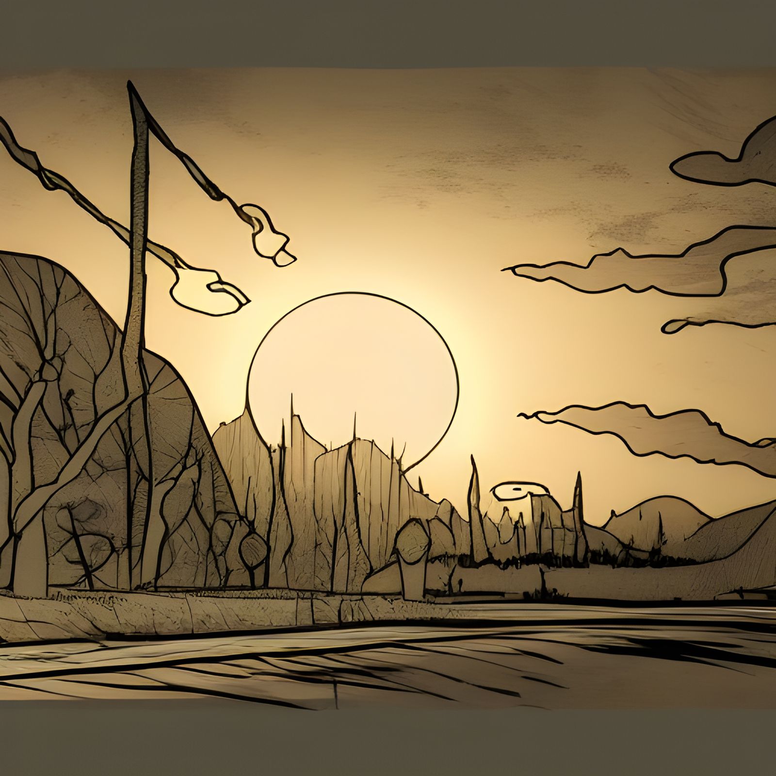 Vintage Sunset Ink Drawing in 8K Resolution