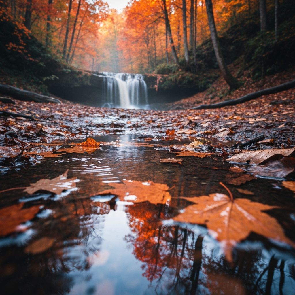 Autumn Puddle Reflections with Vibrant Leaves