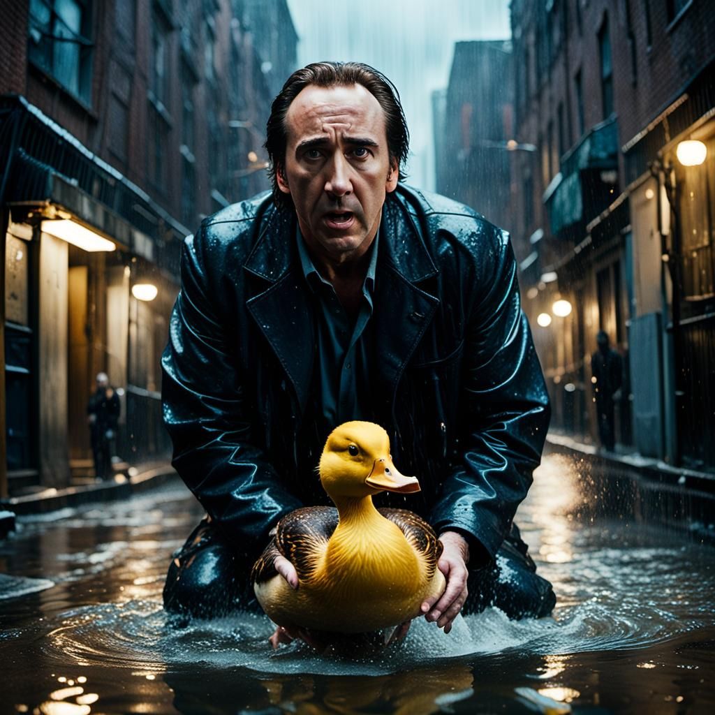 Nicolas Cage Battles Giant Duck in Rainy Alley