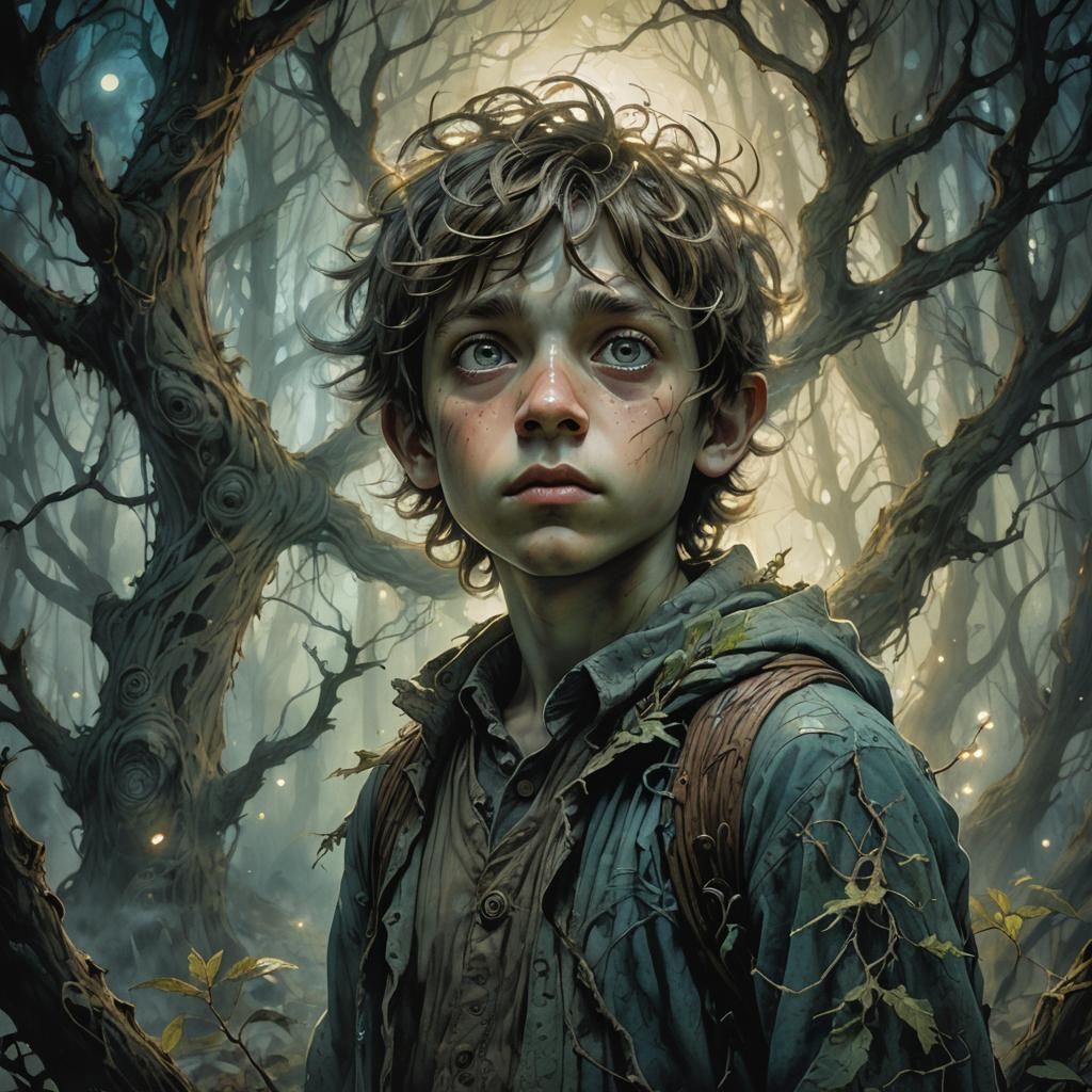 Boy and Monster in Mystical Forest Illustration
