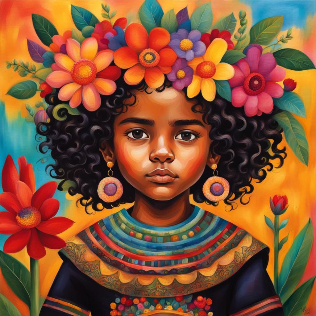 Playful Child Portrait with Flower Crown in Afrofuturist Sty...
