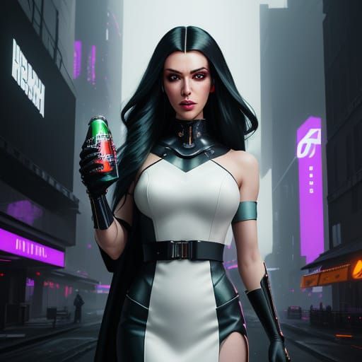 Confident Spokeswoman Shines in Neon-Lit Cyberpunk City