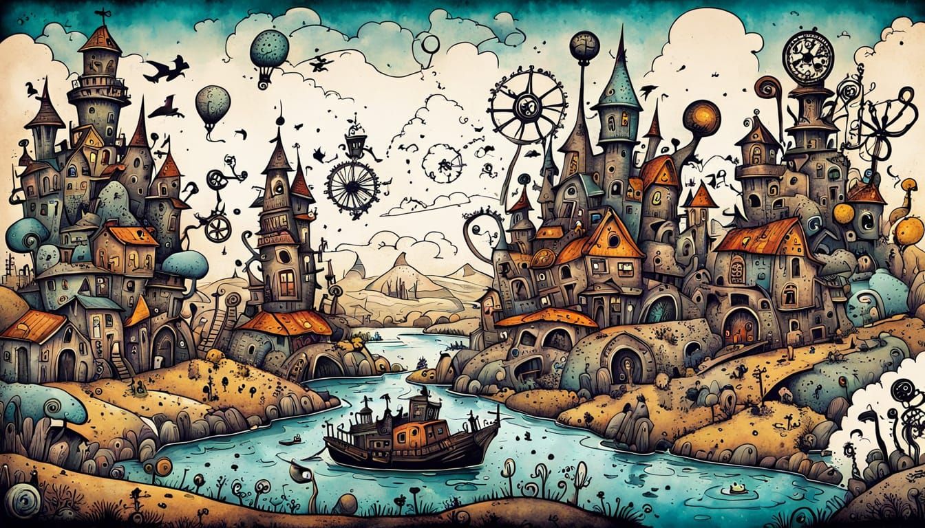 Whimsical Doodle Landscape in Steampunk Style