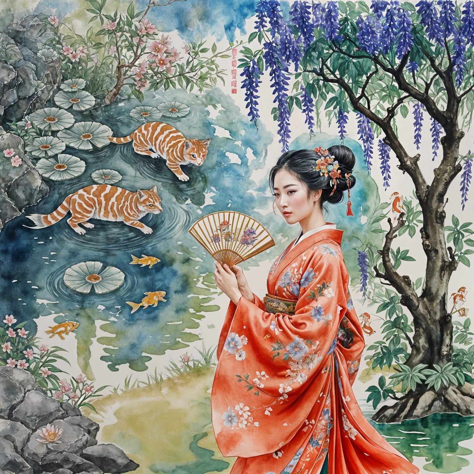 Chinese Woman in Kimono: Watercolor and Ink Style