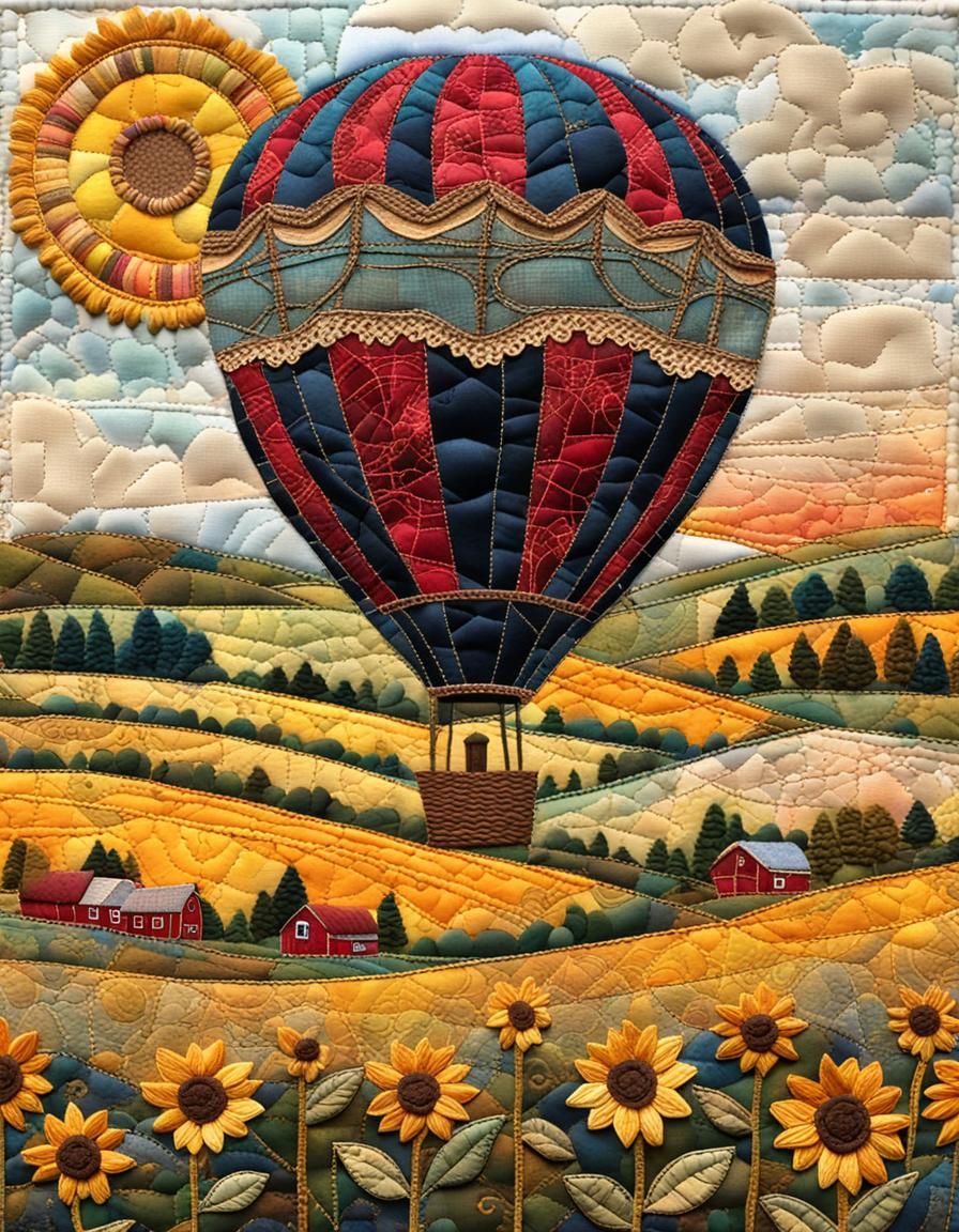 Hot Air Balloon Fabric Collage at Sunrise