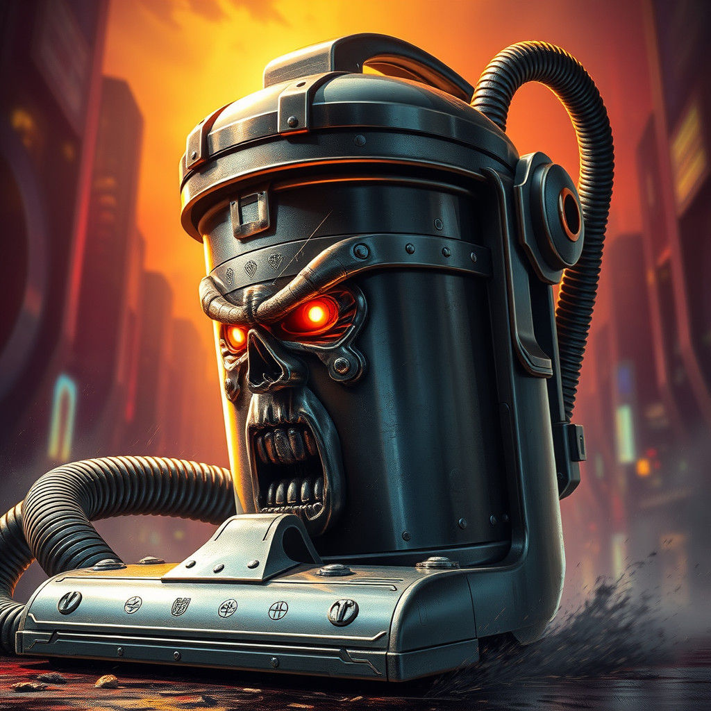 Fearsome Vacuum Cleaner Assaults Scene in Dystopian Cityscap...