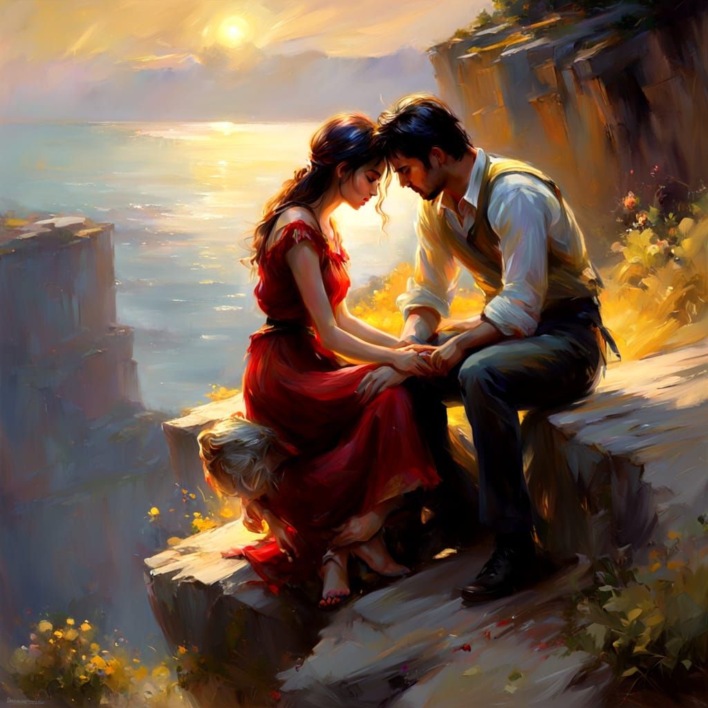 Embracing Couple on Cliff in Romantic Realism Style