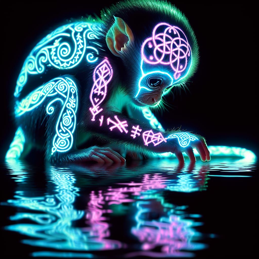 Bioluminescent Norse Runes on Baby Monkey