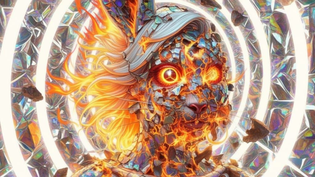 Surreal Rabbit Portrait in Fiery Mirror Maze