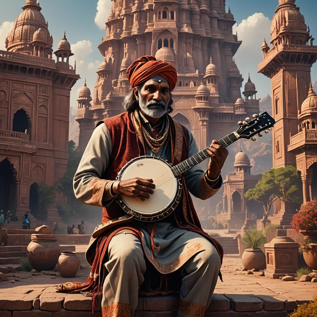 Indian Man Playing Banjo in Front of Landmark