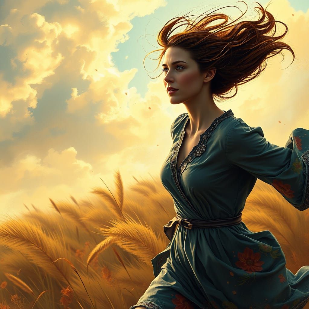 Dramatic Portrait of a Woman Running in the Wind-Scarred Fie...