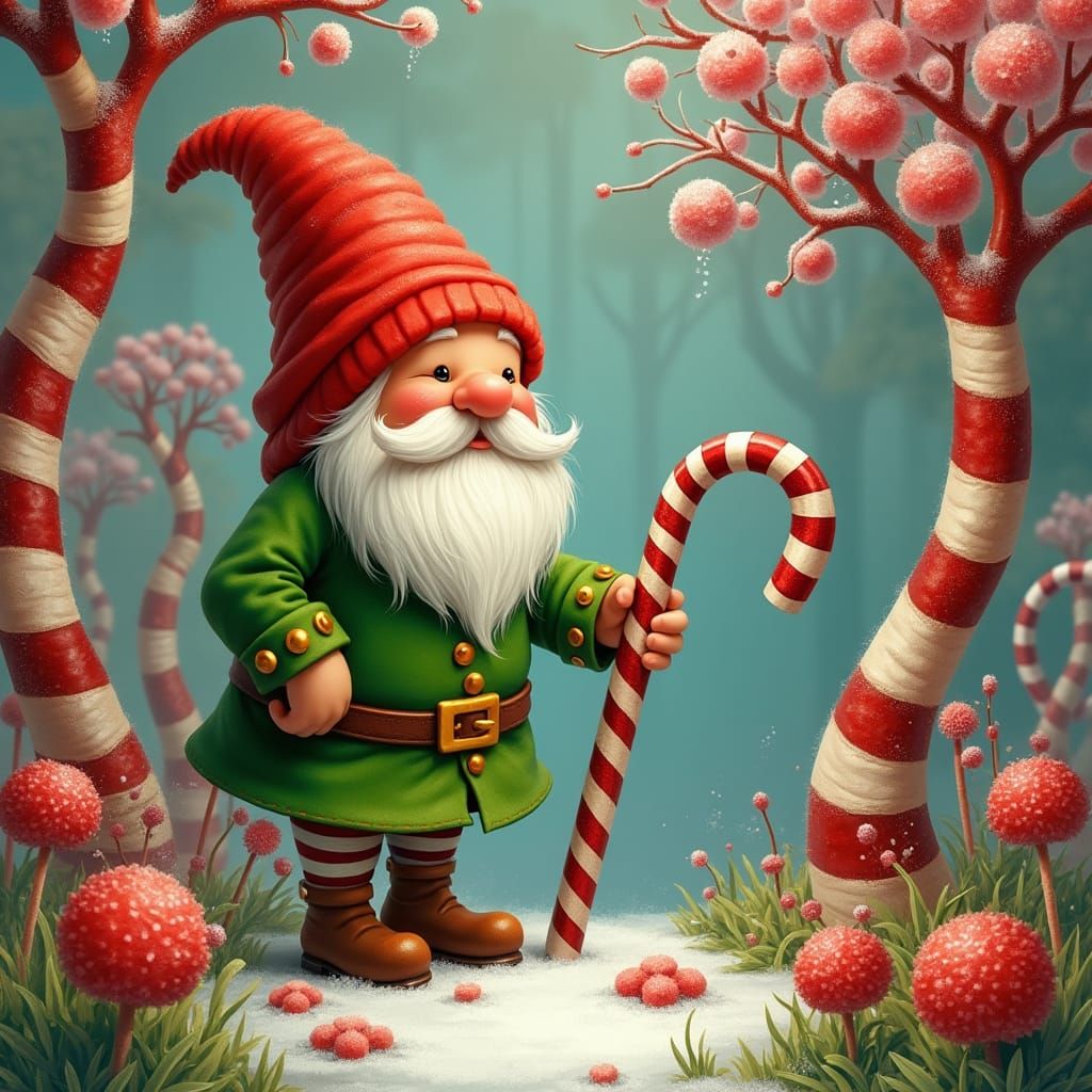 Gnome in Candy Cane Forest, Children's Illustration