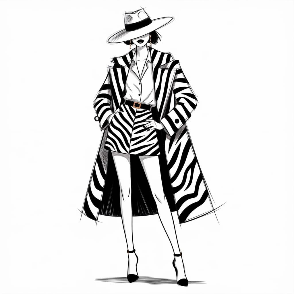 Glamorous Zebra Striped Woman in Pencil Sketch Style
