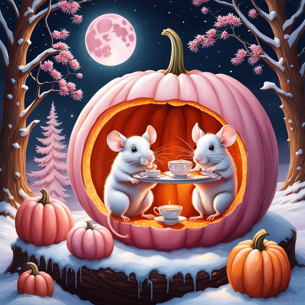 Mice Tea Party in a Pink Pumpkin
