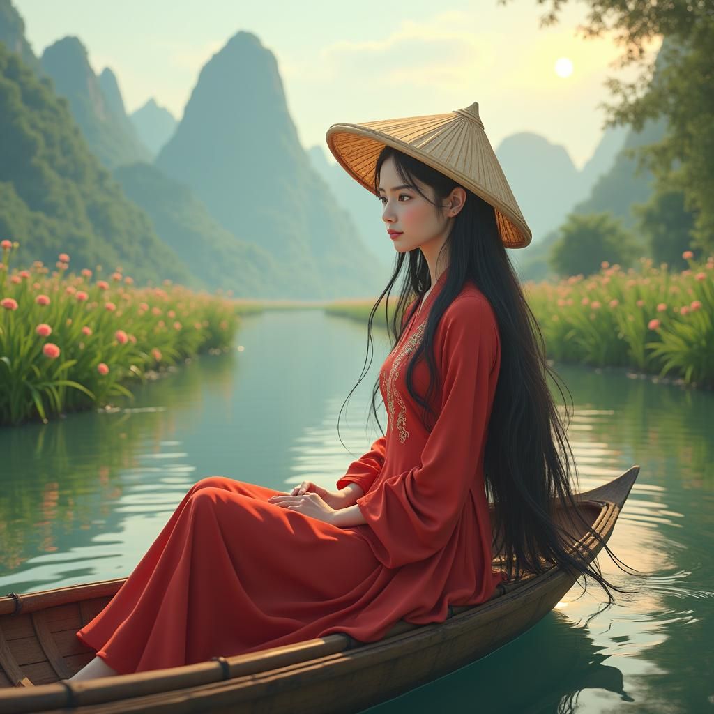 Serene Vietnamese Woman in Anime-Inspired Landscape
