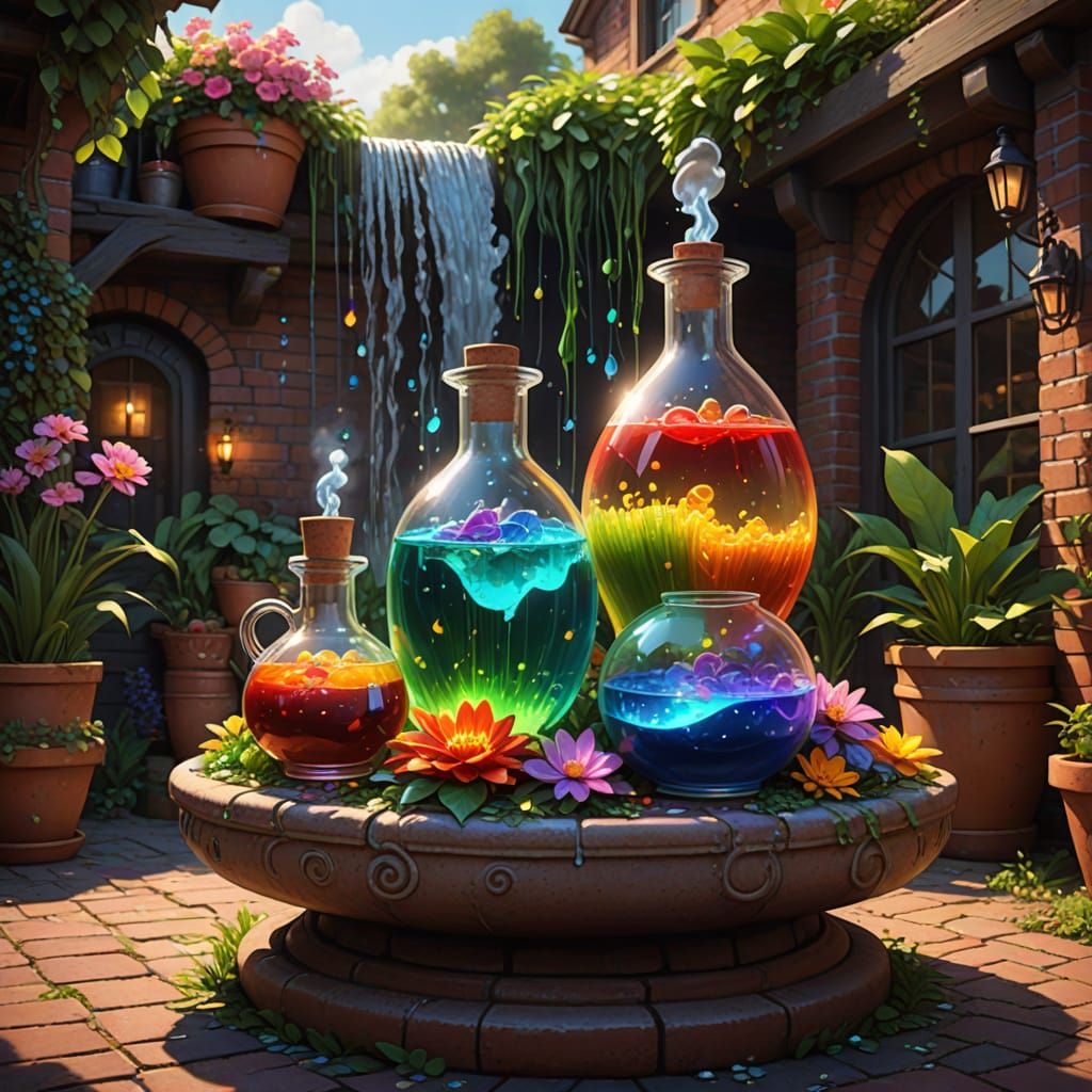 Surreal Garden Oasis with Whimsical Potions