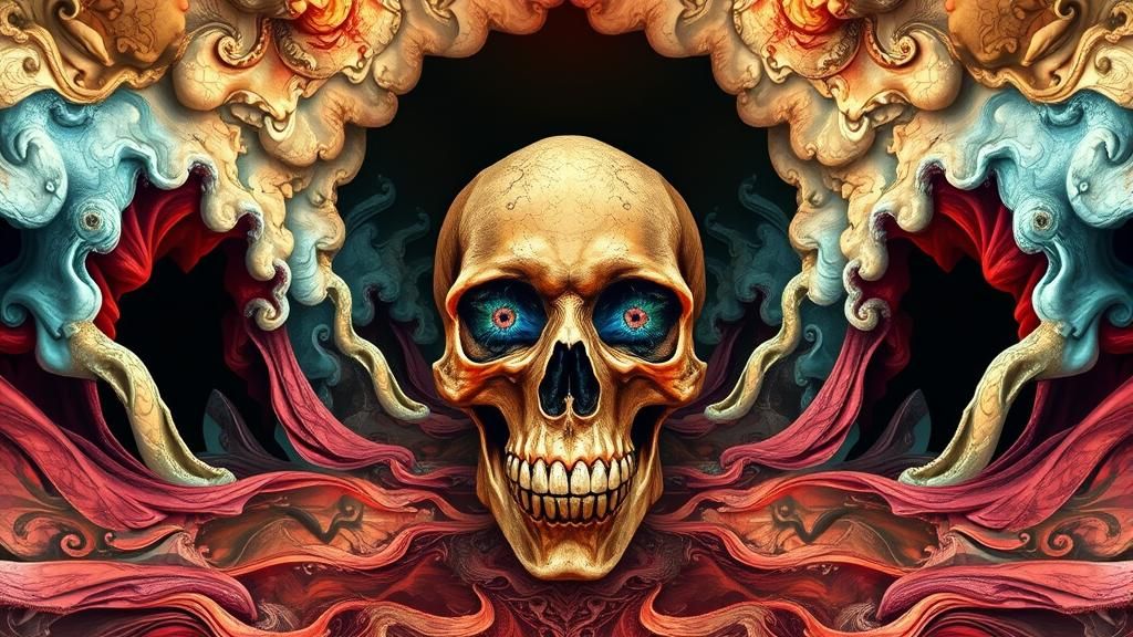 Surreal Fantasy: Symmetrical Skull Portrait with Fractal Ele...