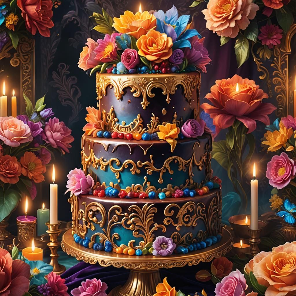 Ornate Birthday Cake in Vibrant Fantasy Concept Art