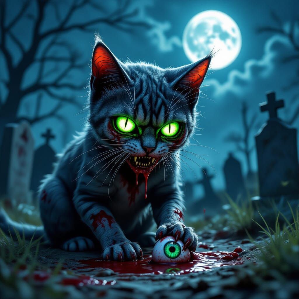 Undead Cat Toying With Eyeball in Graveyard