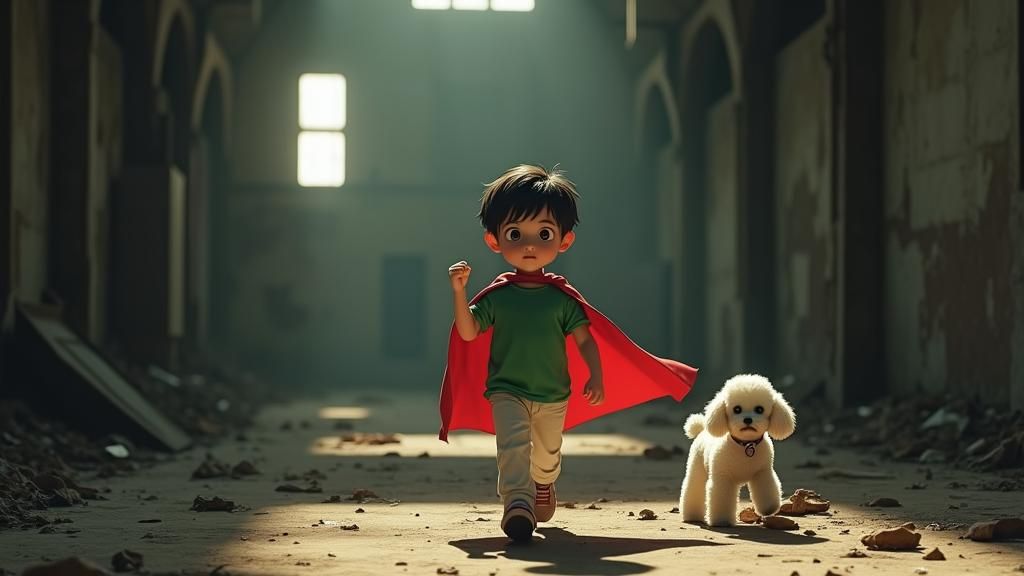 Boy and Puppy Explore Abandoned Factory in 3D Anime Style