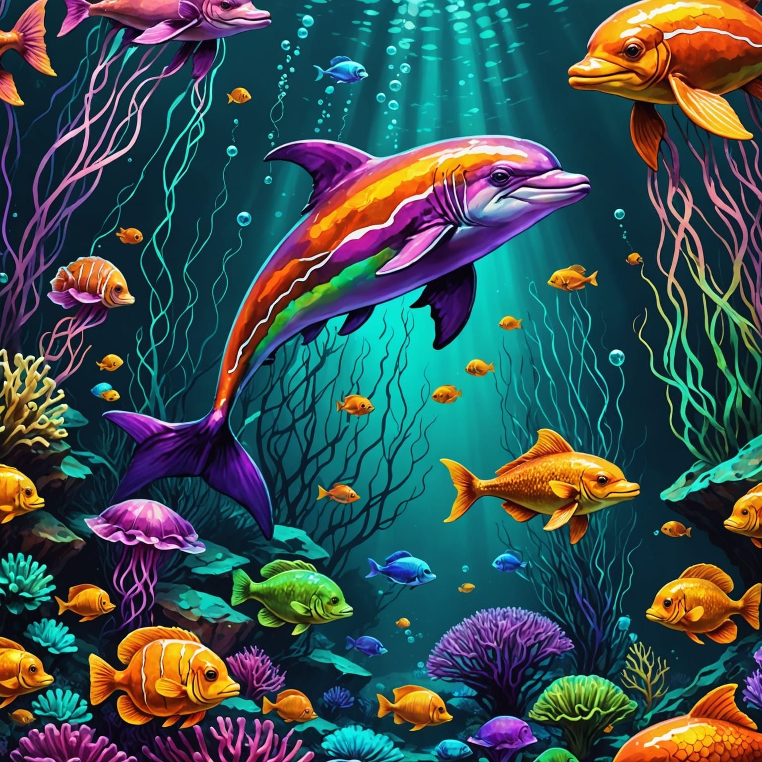 Bioluminescent Underwater Landscape with Steampunk Coral