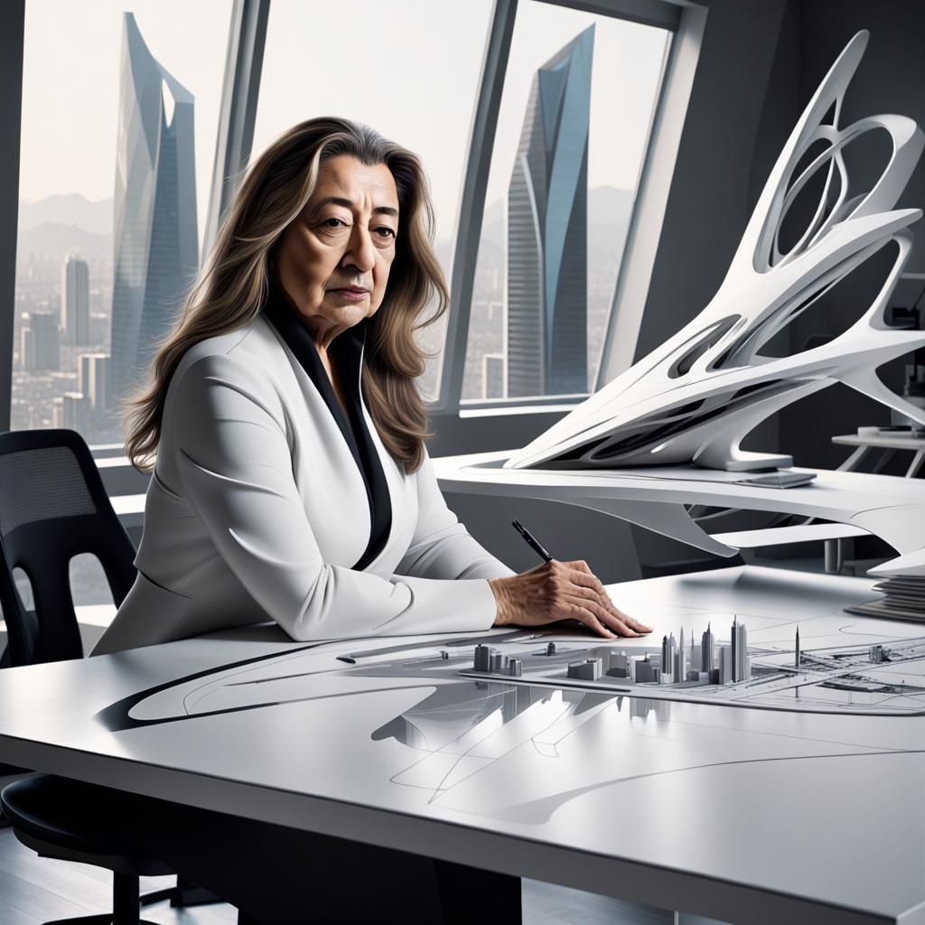 Art by Zaha Hadid, confident architect at drafting table, futuristic cityscape plans, sleek lines, abstract shapes, mini...