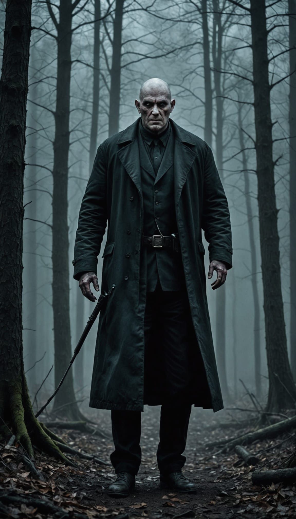 Imposing Figure Emerges from Dark Forest in Noir Style