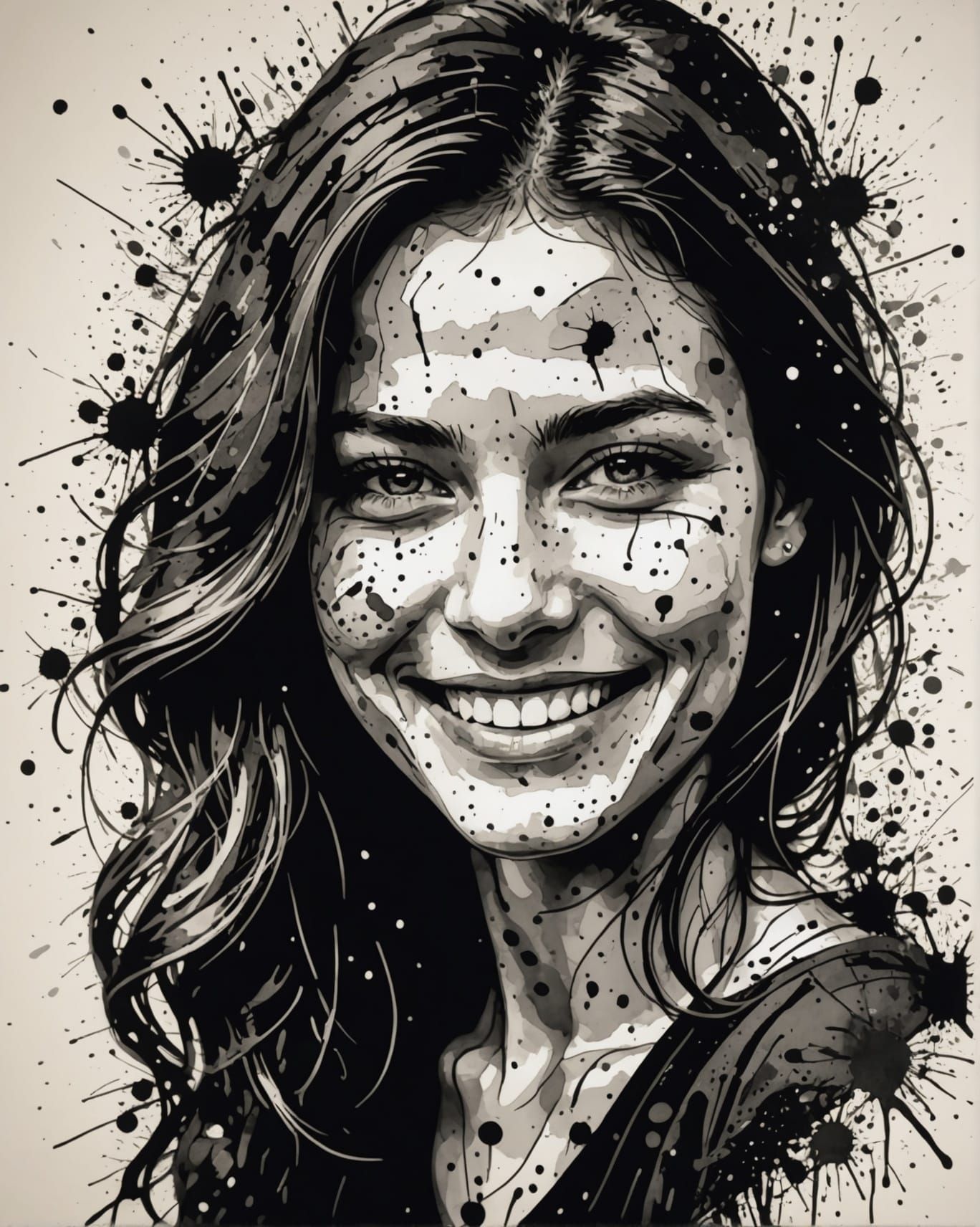 Smiling Woman Portrait in Ink Splatter Art