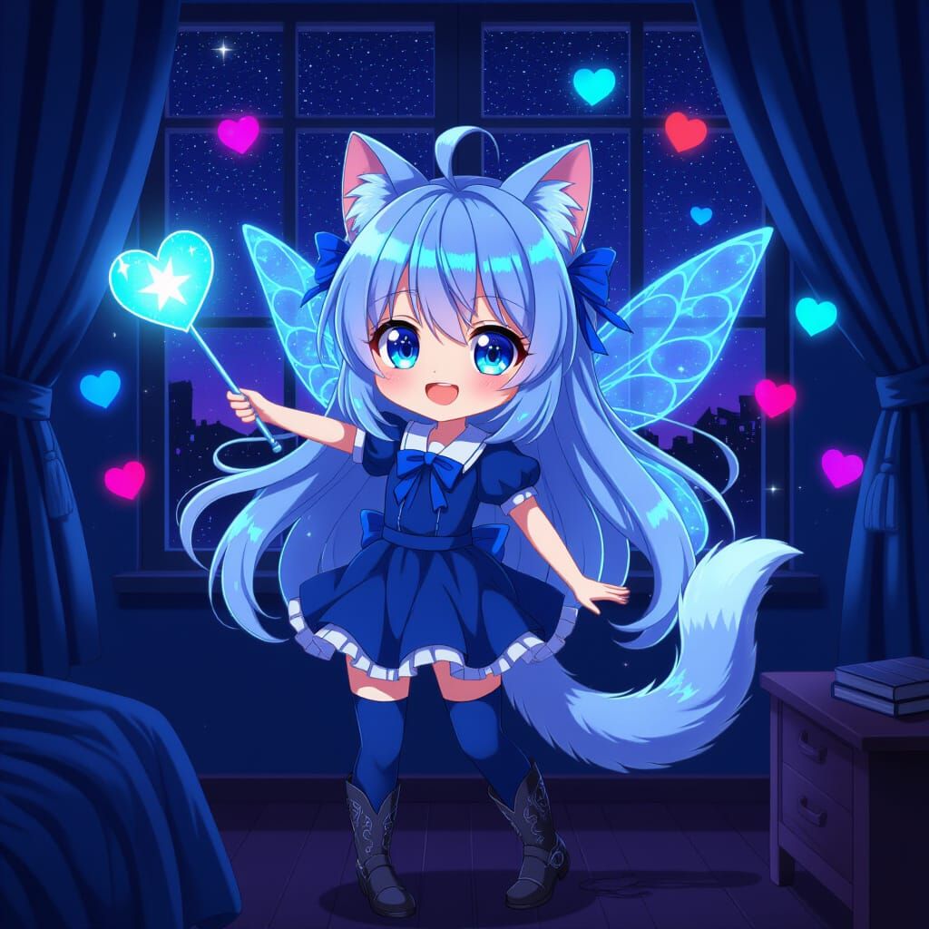 Chibi Anime Catgirl with Wand in Synthwave Style