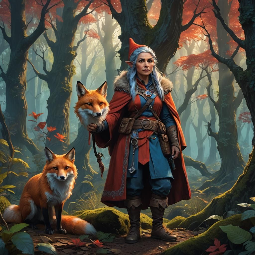Gnome and Fox in Mystical Forest: Fantasy Art