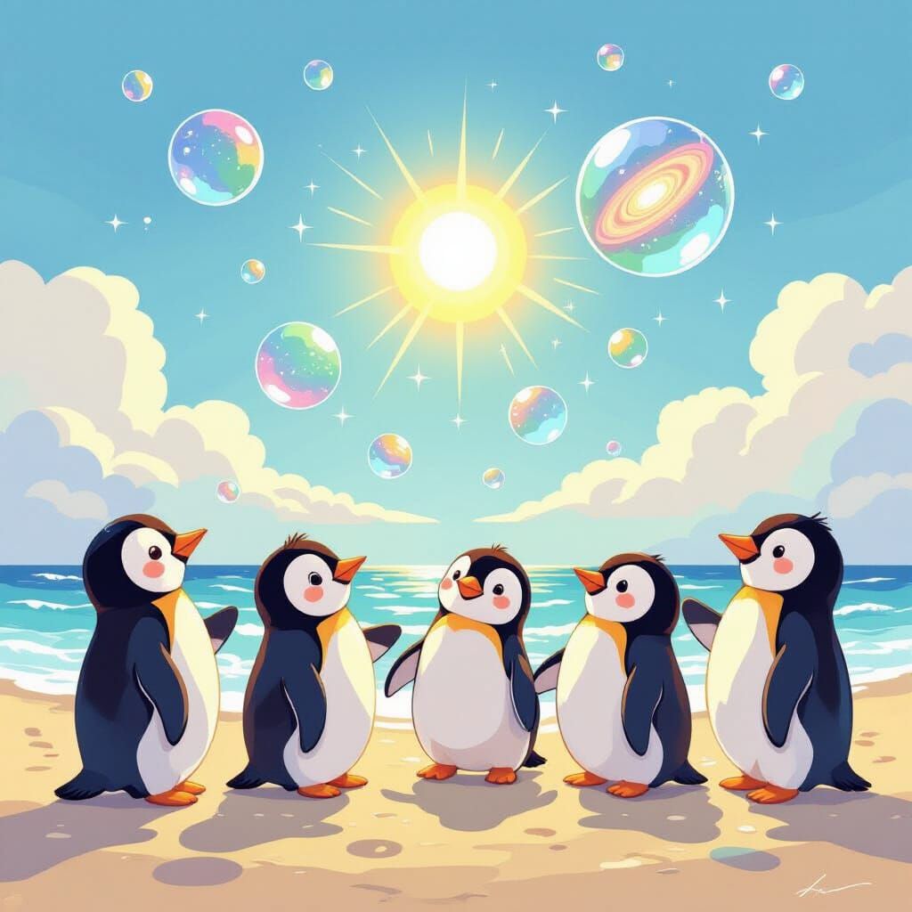 Penguins Playing with Galaxy Bubbles in Sunny Sky
