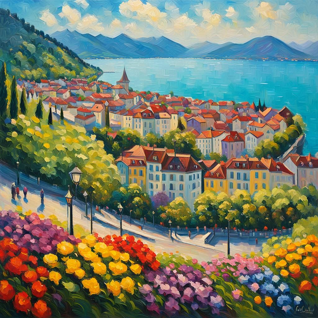 Montreux, Switzerland Cityscape in Expressionist Oil