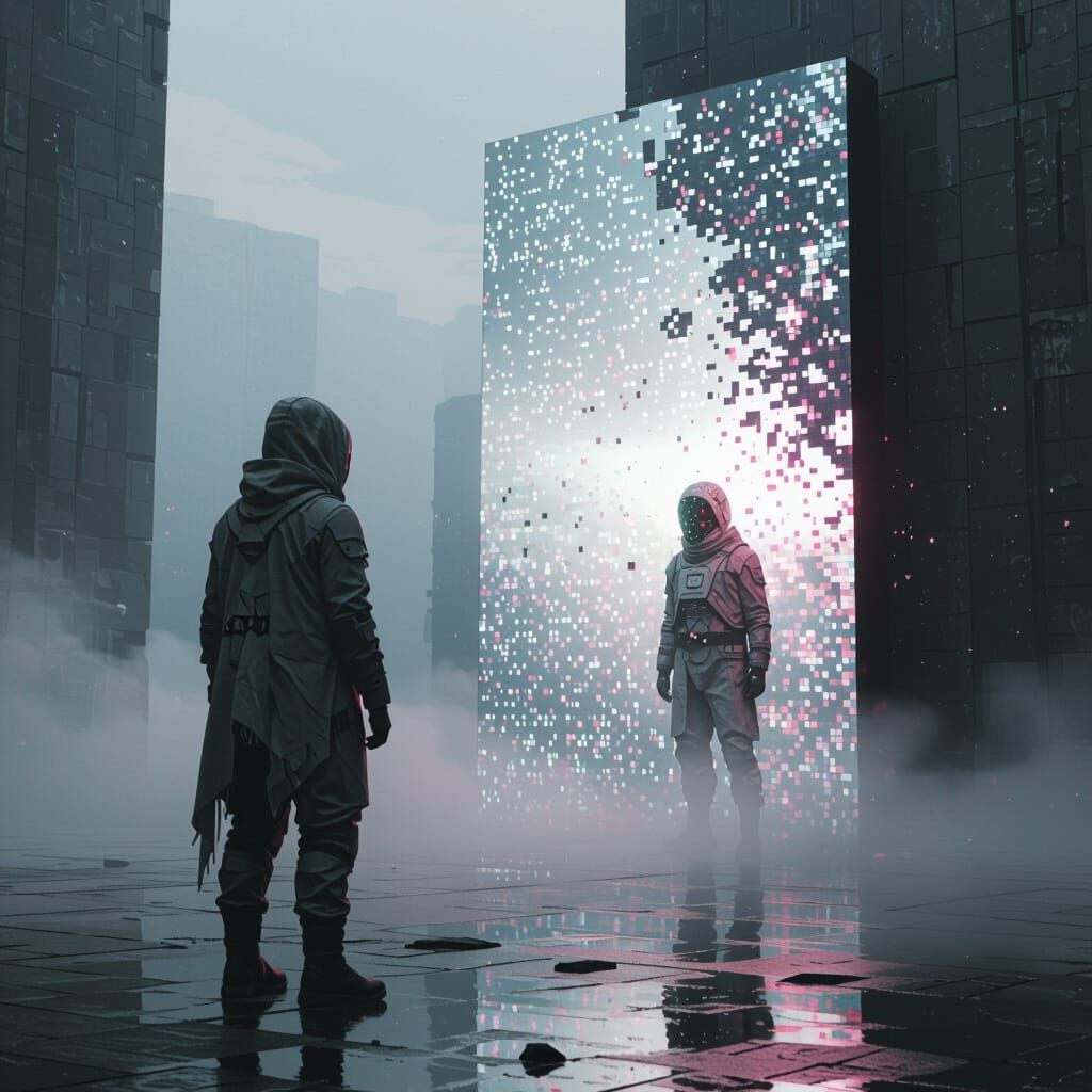 Lone Figure Before Pixelated Mirror in Futuristic Landscape