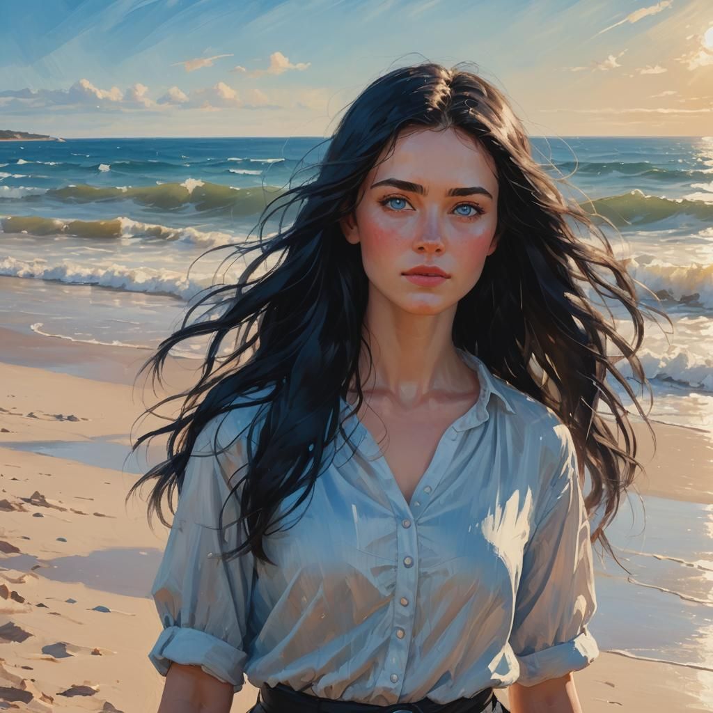 Girl with Black Hair on Beach in Impressionist Style